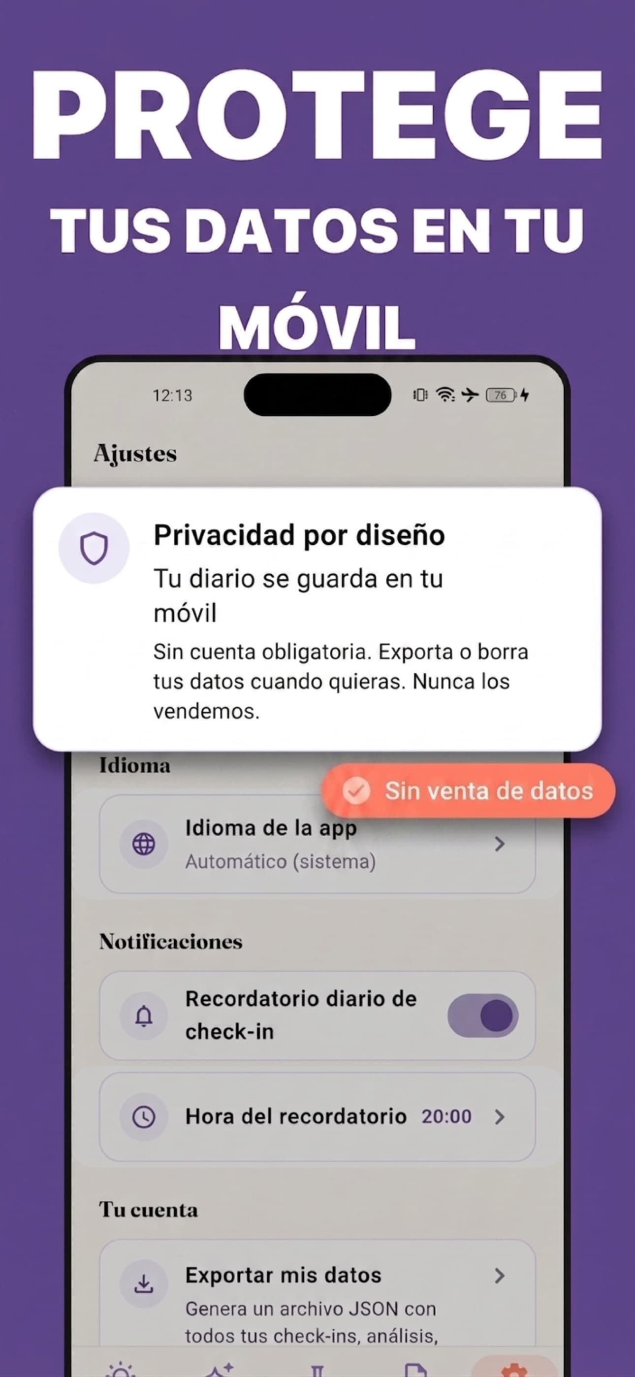 Privacidad primero: tus datos se guardan en tu móvil y tú decides qué se comparte